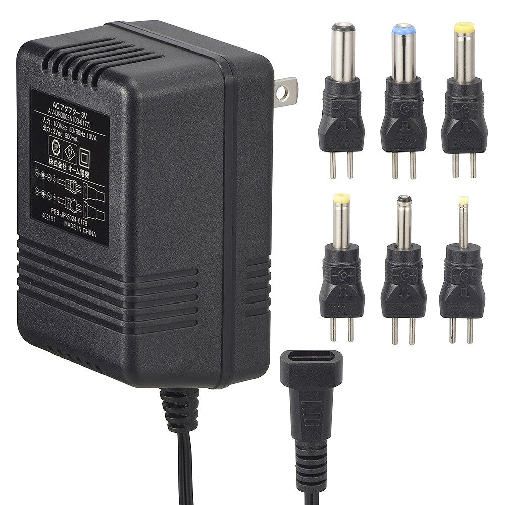 AC電源アダプター(3V/0.5A/変換プラグ6セット/コード1.8m/両極性対応/ポータブル機器専用)_03-6177_AV-DR3005N_OHM(オーム電機)